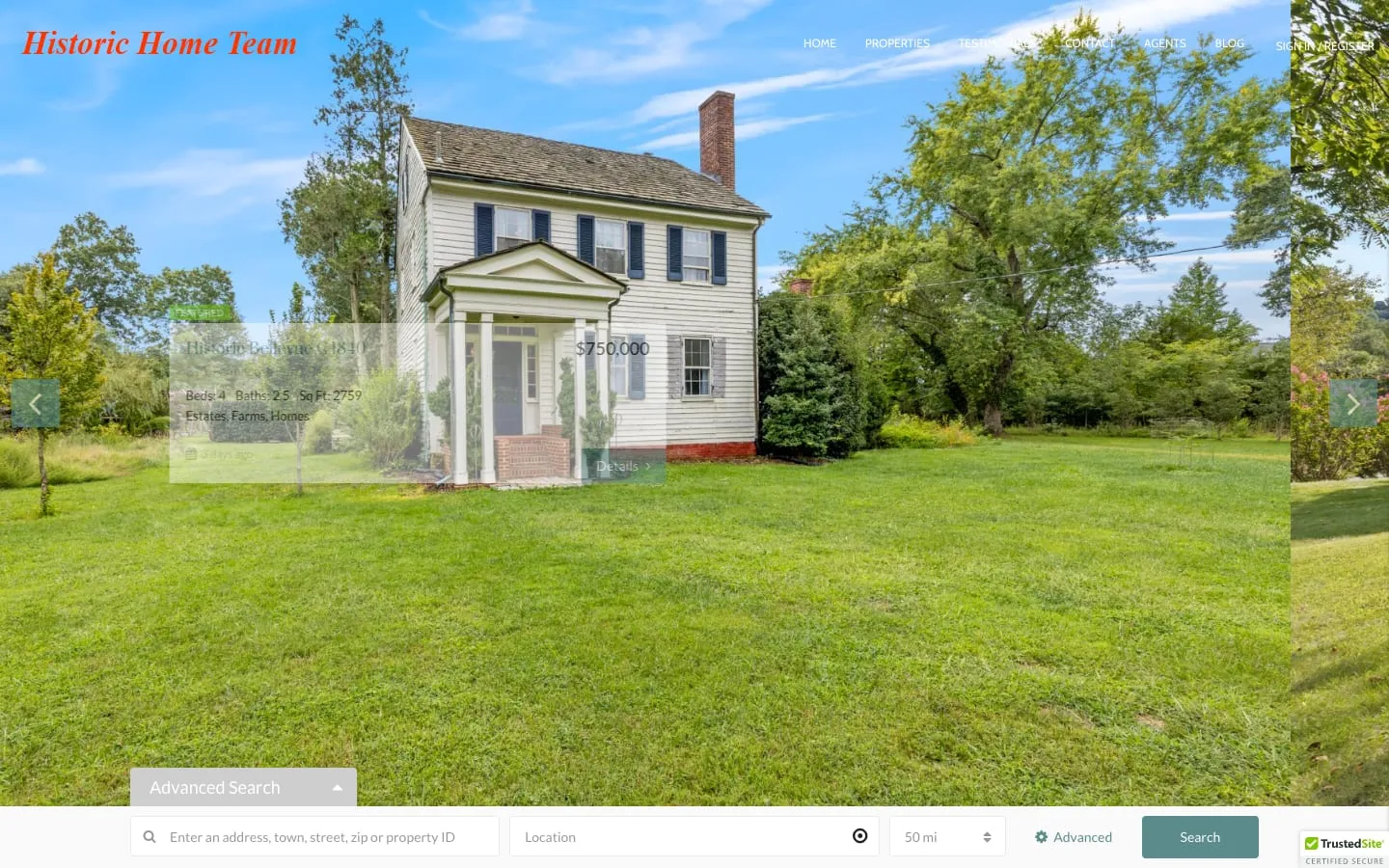 The homepage of Historic Home Team, above the fold