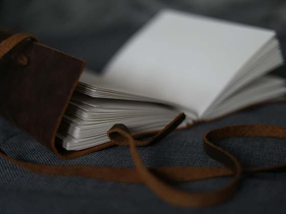 A leather-wrapped journal lying open on a dark cloth